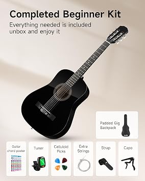 Moukey 38 Acoustic Guitar for Beginners Kids Youth Adult Dreadnought Guitarra Acustica Kit with Chord Poster, Gig Bag, Tuner, Picks, Nylon Strings, Capo, Strap - Black