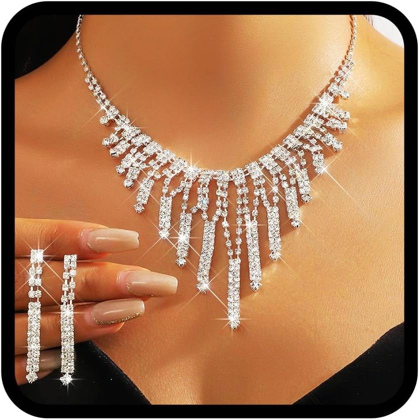 TWINKLEDE Silver Rhinestone Necklace Jewelry Set Wedding Prom Necklaces and Earrings for Women
