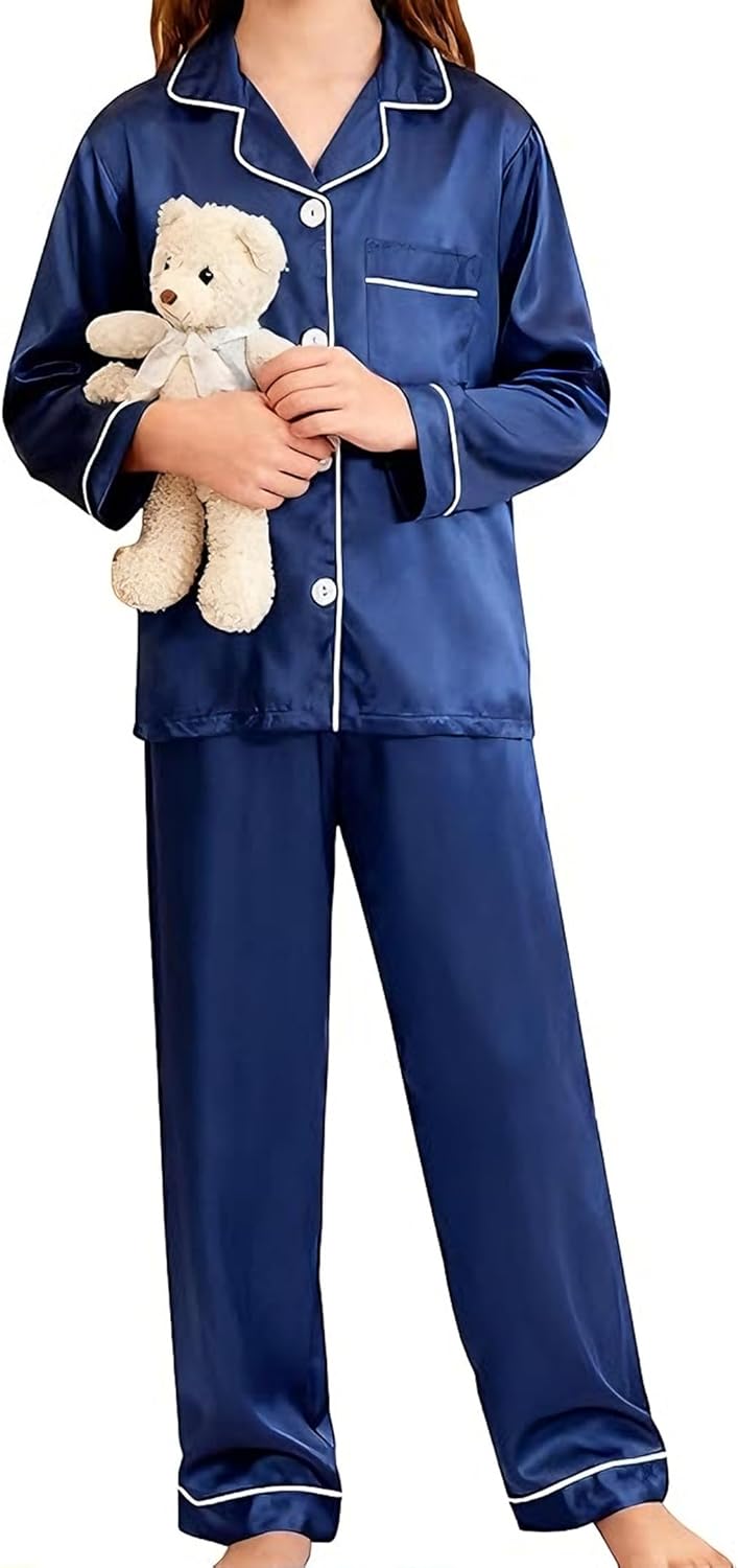 LANKMEI Boys Girls Pajama Set 2 Pieces Cute Girls Satin Pajamas Long Sleeve + Pants, Silky Button Down PJ Set Size 5-14