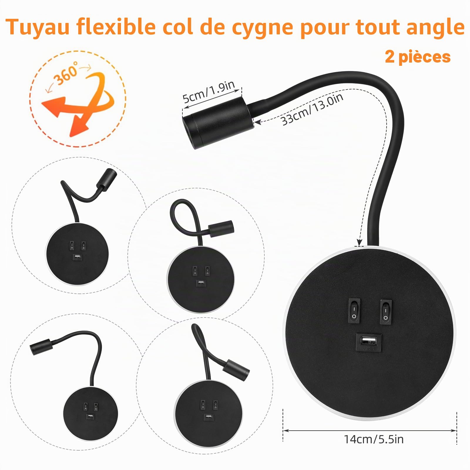 Applique murale LED Lampe Col de Cygne Flexible, 3W 9W Applique de Lecture avec Port de Charge USB et interrupteur, 2 pièces Liseuse Fixation Murale Spot réglable pour Chambres Salon Hôtel (noir)