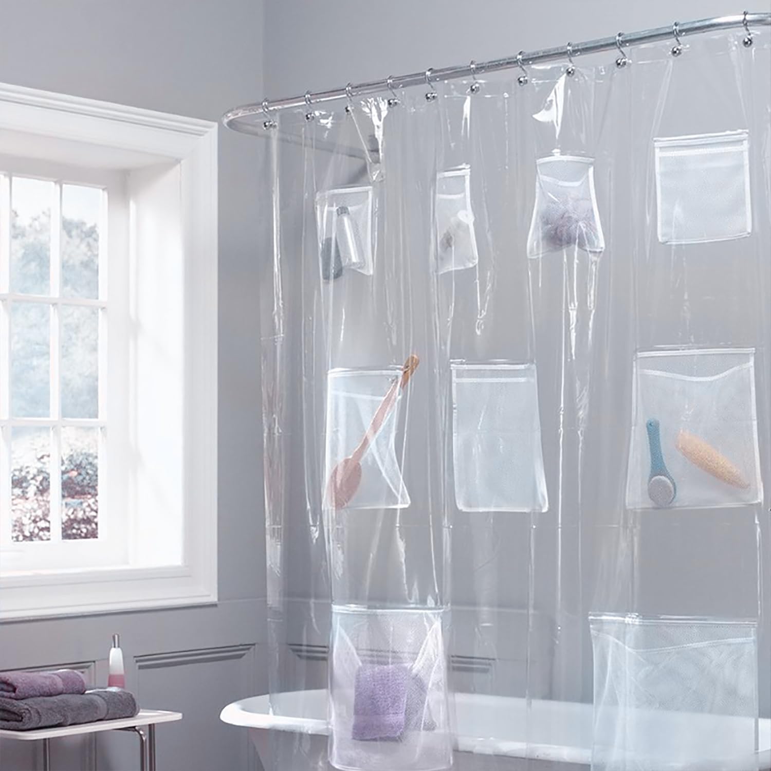 v2croft Shower Curtain Liner with 9 Pockets, Clear Polyester Fabric, Waterproof Fabric Shower Curtain or Liner Bath Organizer, Bathroom Organization and Storage Decor (72 x 72 inch)