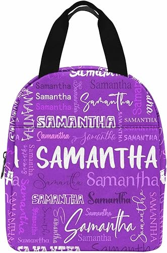 Miniatura 2 de Bolsa de almuerzo con nombre personalizado, patrón de texto blanco y morado, bolsa de almuerzo aislada personalizada para Dauhgter Son lonchera
