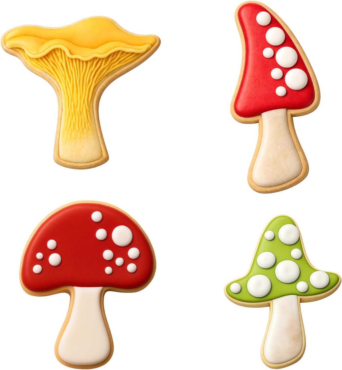 Foose Cookie Cutters Mushroom 4 Pc Set. USA Tin Plate Steel. 4 in Morel, 3.25 in Chanterelle, 3.25 in Shitake, and 3.25 in Button