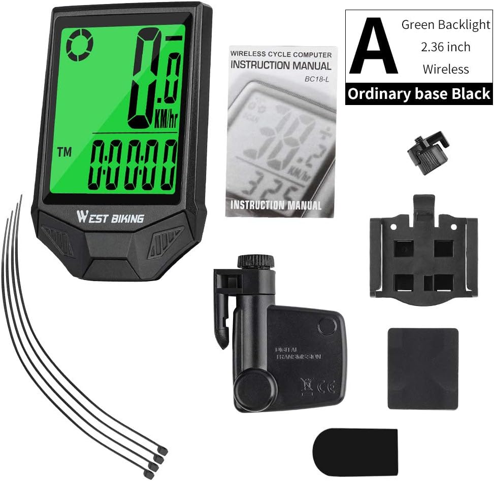 Components of West Biking Wireless Bike Computer including main unit, sensor, magnet, and mounting accessories