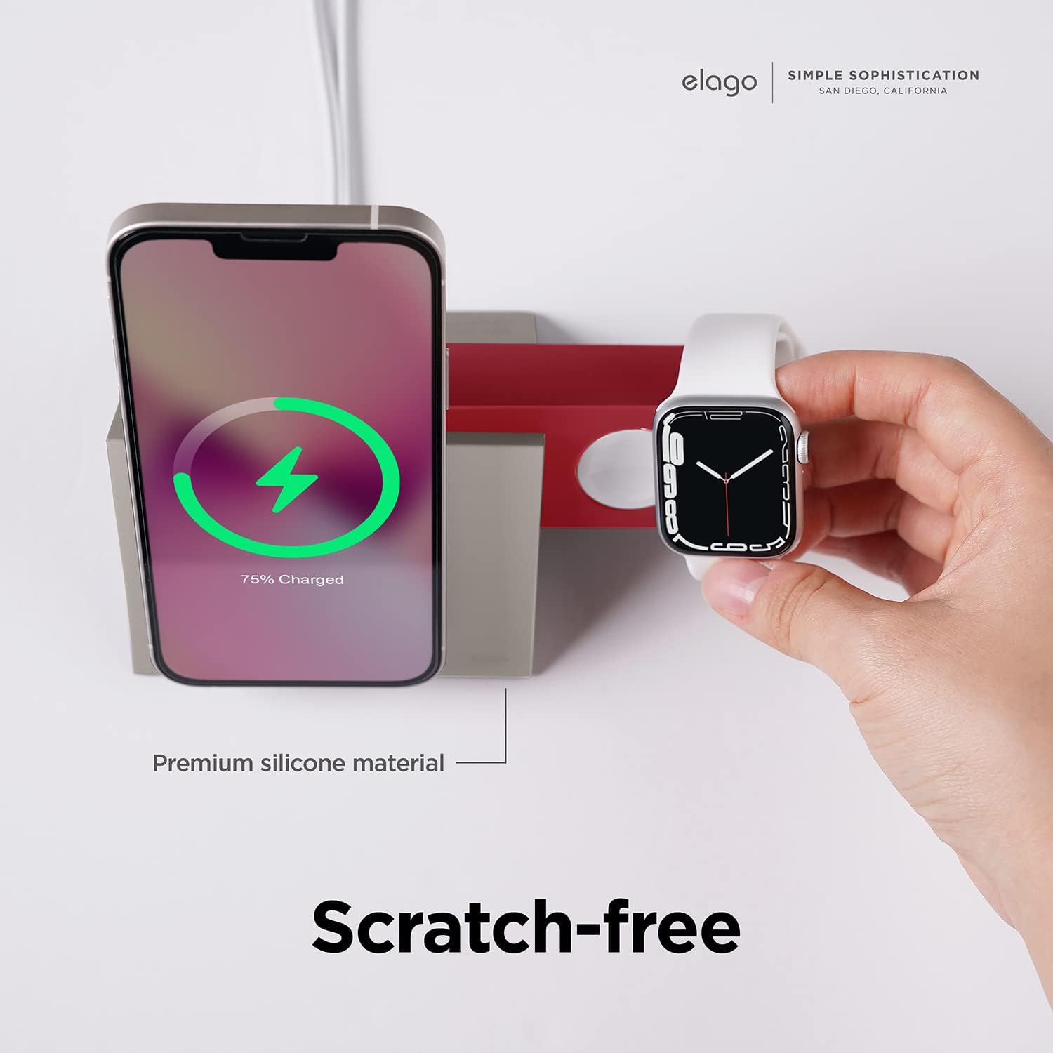 elago Charging Station Compatible with iPhone 17/16/15/14/13/12 Series, Compatible with MagSafe, Compatible with Apple Watch Series - Chargers are NOT Included [Stone/Red]