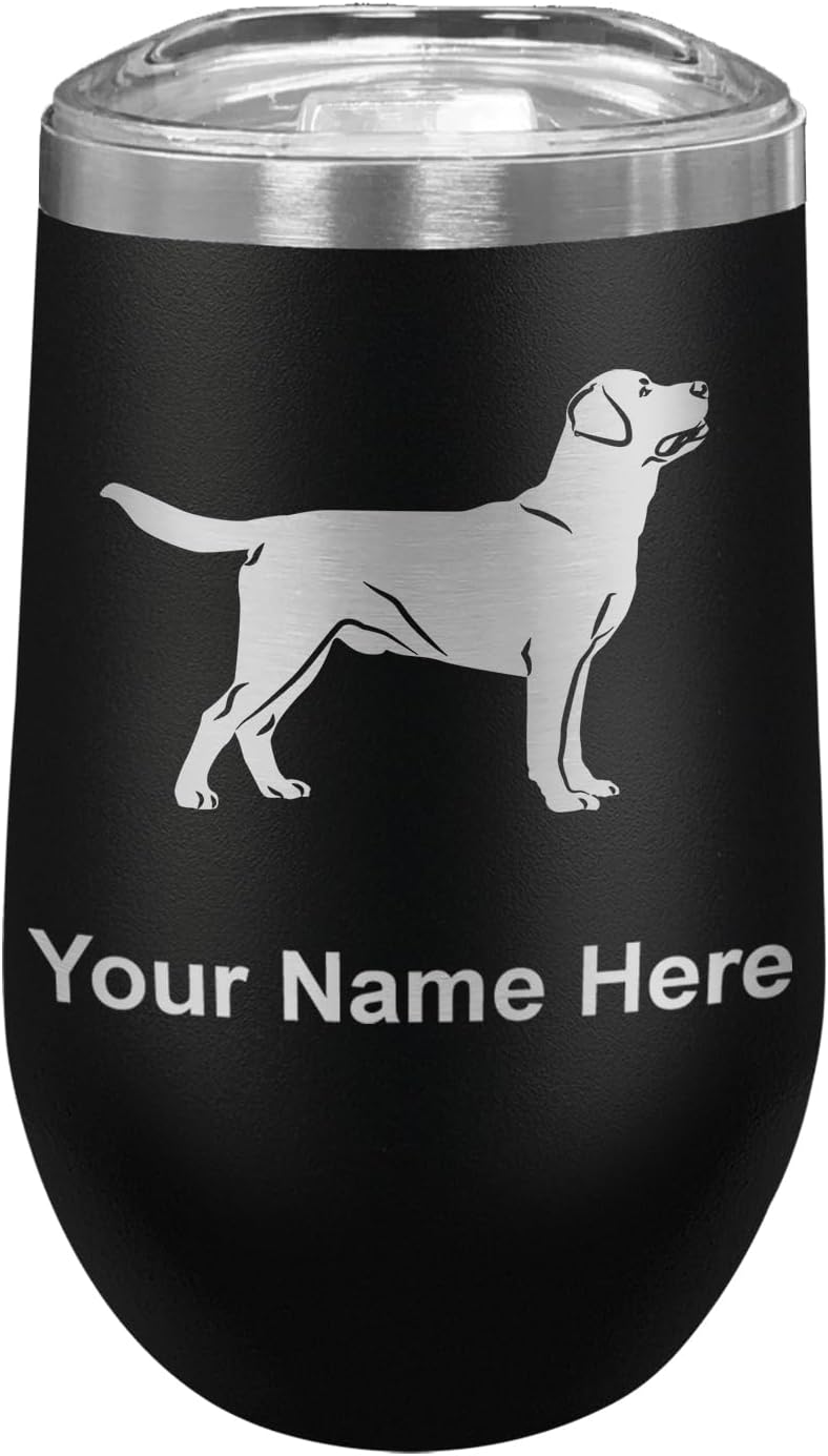 LaserGram 16oz Double Wall Stainless Steel Wine Glass Tumbler, Labrador Retriever Dog, Personalized Engraving Included (Black)