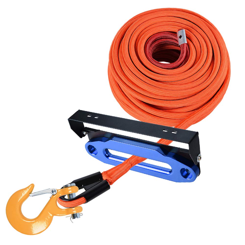Set 95ft x 3/8 inch (range Synthetic Winch Rope Cable 22000LBs with all Rock Guard with Yellow Clevis Winch Hook with Blue 1 0 inch (awse Fairlead and Flip-Up 254mm Winch Fairlead License Plate Holder