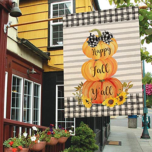 Baccessor Happy Fall Y’all House Flag Double Sided Buffalo Plaid Thanksgiving Pumpkins Sunflower House Flag Rustic Farmhouse Autumn Halloween Outside Outdoor Decoration 28 X 40 Inch #TOP1
