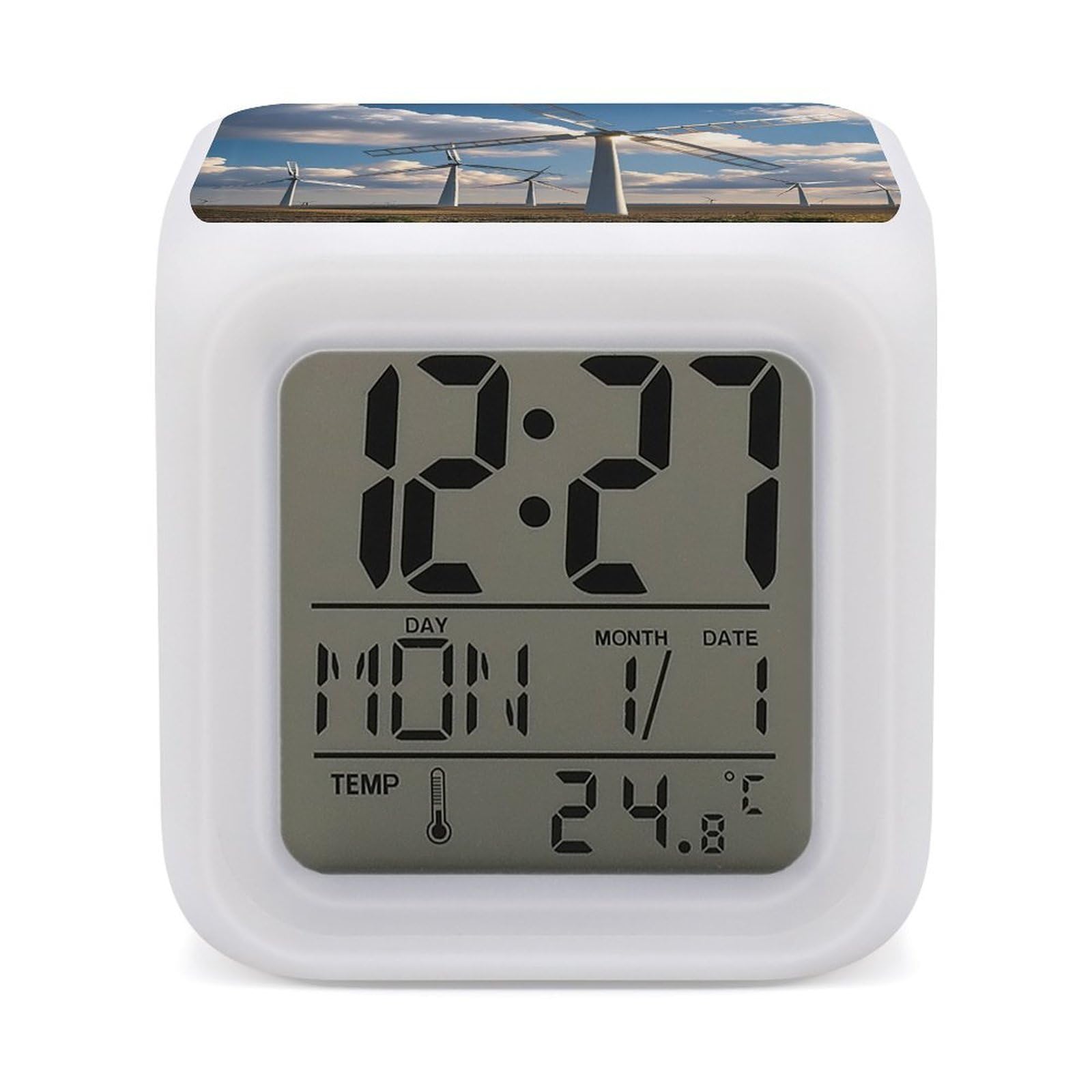 FekiLoot Windmills Alarm Clock, Personalized Cube LED Wake Up Clock with Temperature Display, 7 Color Changing Night Light Digital Clocks for Bedroom Office Decor & Heavy Sleepers