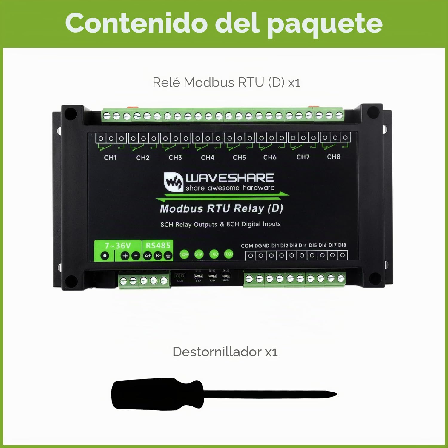 Waveshare Industrial Modbus RTU 8-Ch Relay Module (D) with Digital Input and RS485 Interface, Multi Isolation Protection Circuits, 7~36V Power Supply