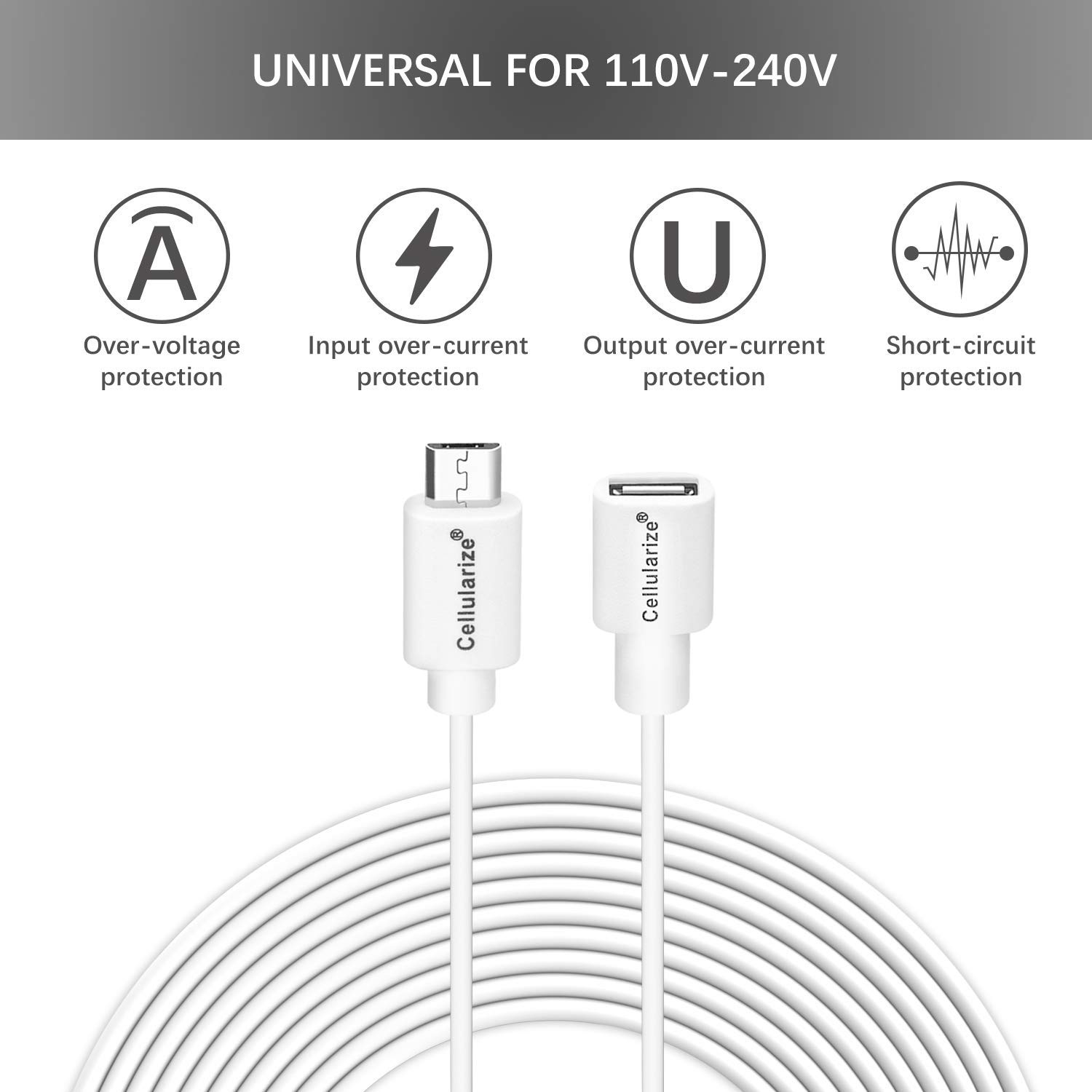 15FT Micro USB Cable Extension [2 Pack] Cellularize, Male to Female Extender Power Cord Compatible with WyzeCam Wireless Security Cameras, Arlo Pro (Cable Clips Included)