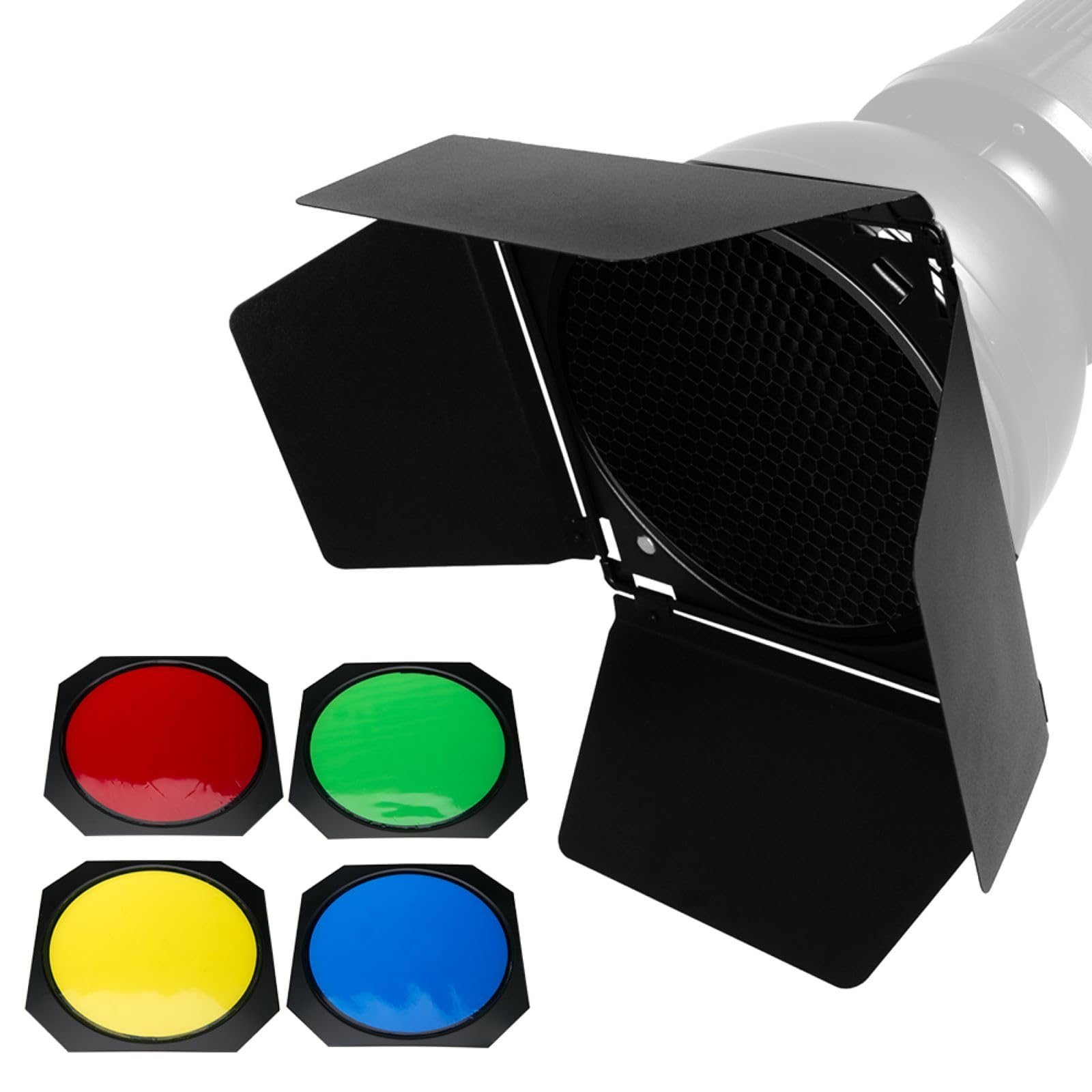 Godox BD-04 Barn Door and Honeycomb Grid and 4 Color Gel Filters (Red Yellow Blue Green) for Standard Reflector
