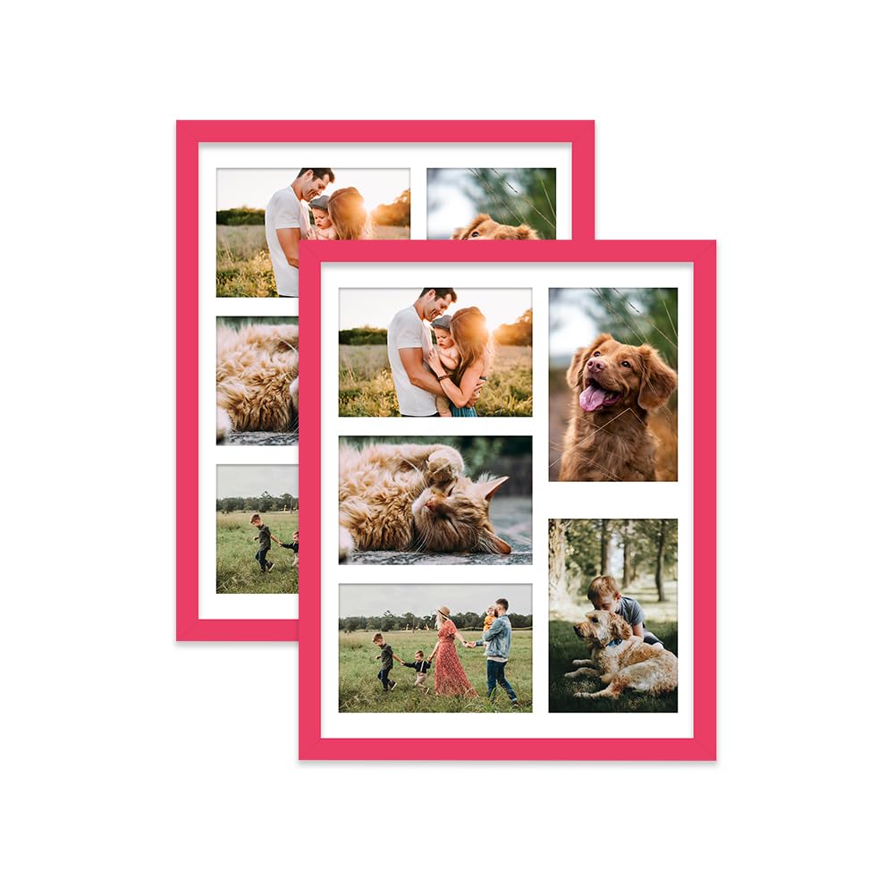 Bright Pink Multi Photo Frame - Holds 5 x 6x4 Pictures, Family Collage Picture Frame for Wall Display, 14x11 Frame size, Set of 2