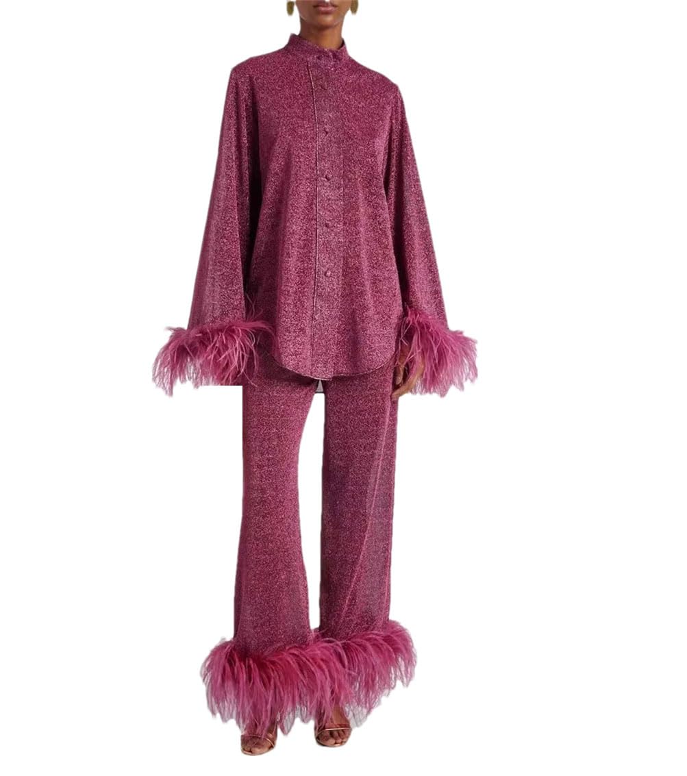 Women Fashion Casual Feathers Long Sleeve Stand Up Collar Single Breasted Solid Top Wide Leg Pants Suits