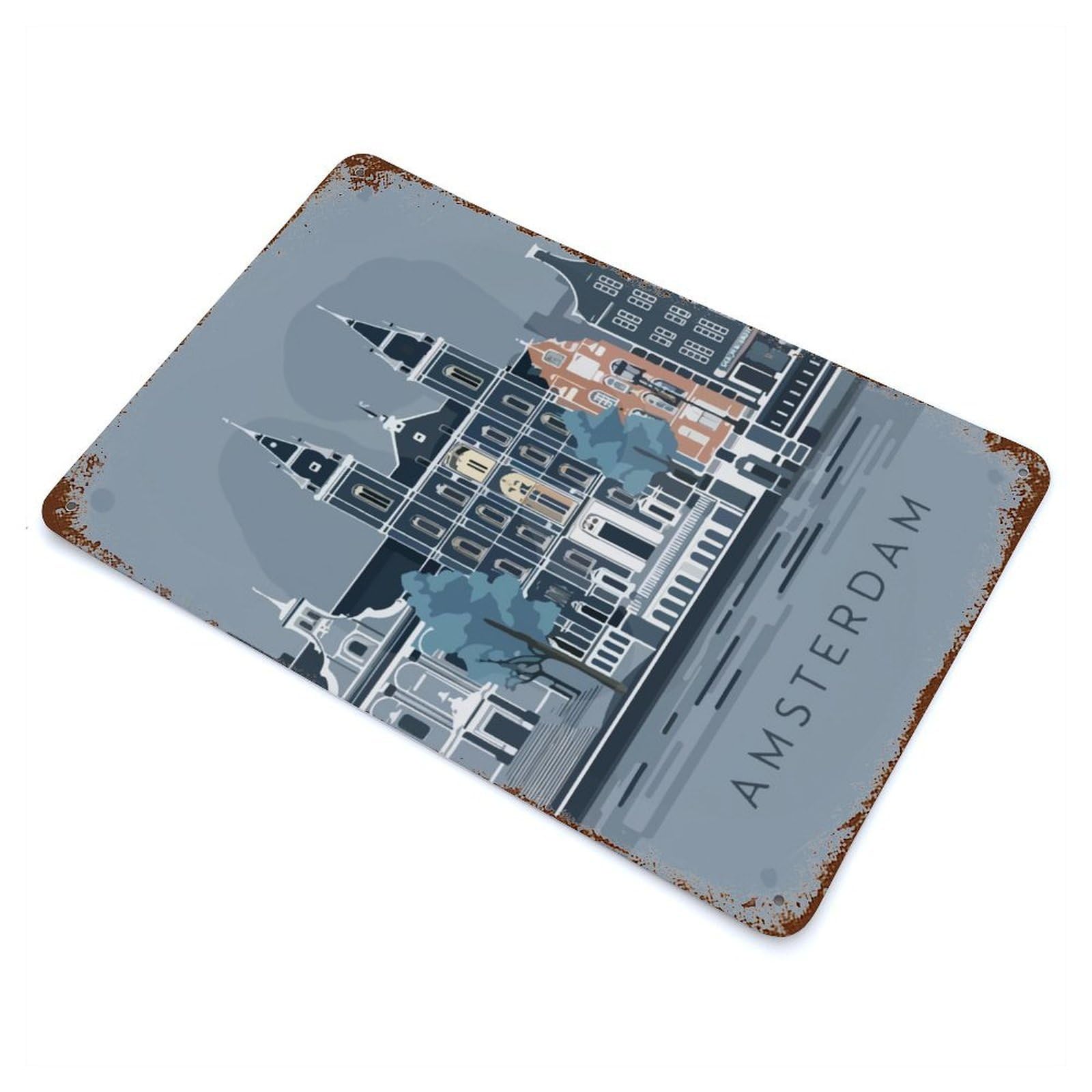 Vintage Rust Metal Sign Amsterdam Cityscape 11.8"x7.9", Shabby Chic Decor for Cafe, Home Bar And Lounge Decor