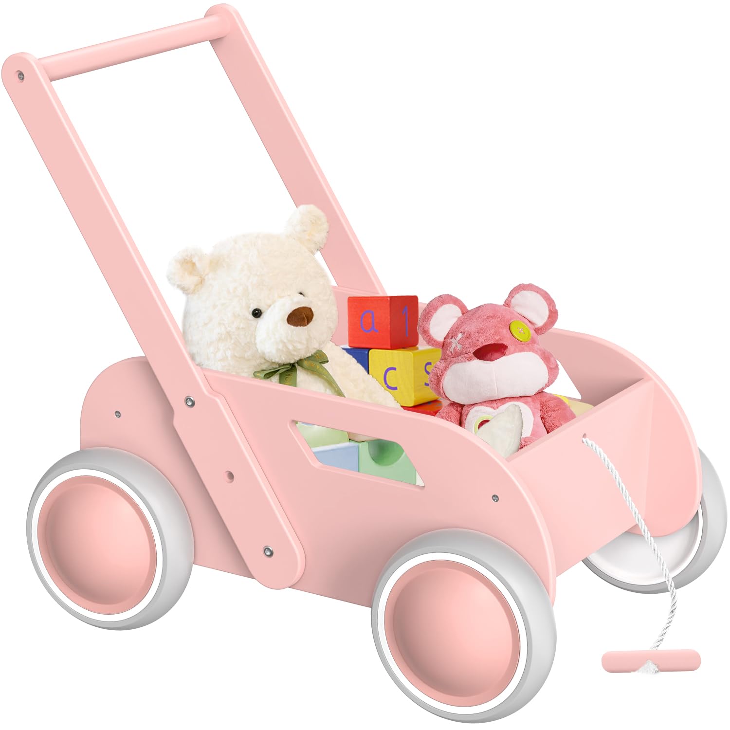 Wooden Baby Walker, Push and Pull Learning Walk Toys for Infants to Toddler, Walker with Wheels for Boys Girls, Gift for Birthday Christmas, Pink