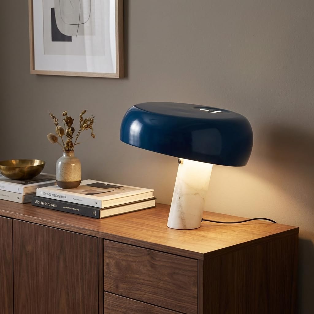 BARCELONA LED Lámpara de Mesa Moderna Azul con Base de Mármol Blanco, Diseño Clásico y Lujoso para Escritorio, Mesita de Noche o Sala, Estilo Retro y Elegante Pequeña Luz Directa E27, 40cm