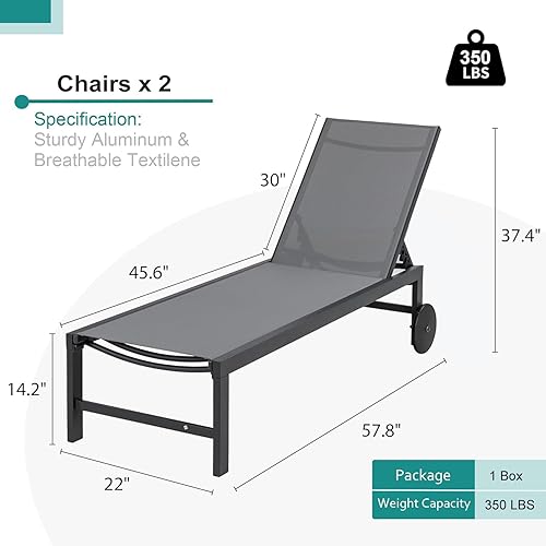 Miniatura 2 de SUNLEI Juego de 2 sillas de descanso para exteriores, tumbona para patio al aire libre con respaldo ajustable de 5 posiciones, sillas reclinables