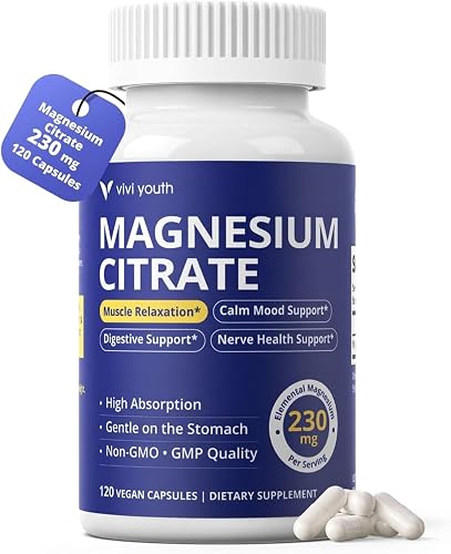 Magnesium Citrate 230mg Capsules 120 Count, Highly Absorbable Daily Magnesium Supplement for Sleep Support, Muscle Comfort & Calm Mood, USP-Quality Ingredient, Gentle on Stomach, Non-GMO