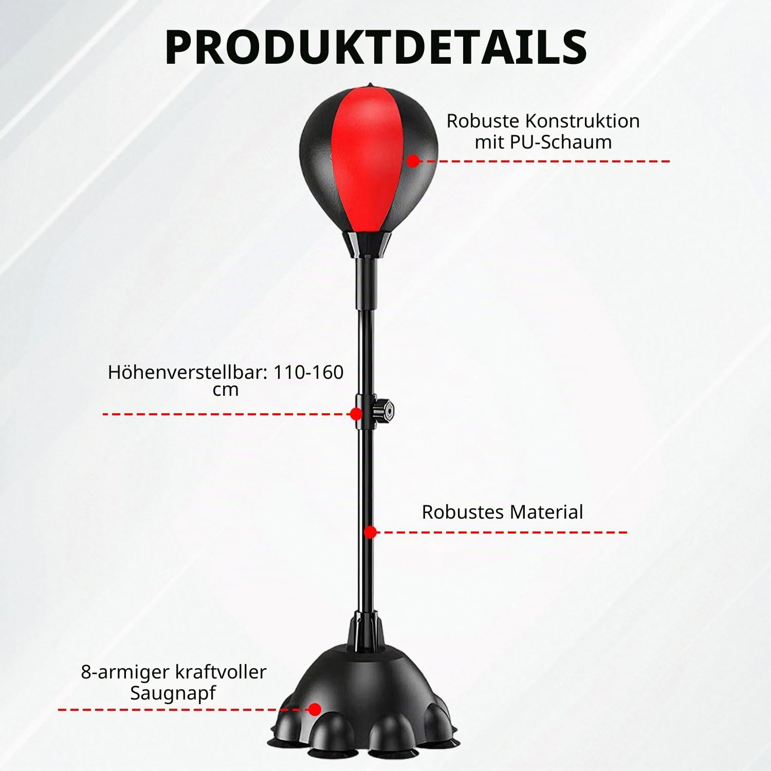 Punching Ball, 110-160cm Höhenverstellbarer Boxständer, Reflexbeutel mit Einem Leistungsstarken Saugnapf mit 8 Krallen, Standboxsack für Kinder Und Erwachsene Drinnen Draußen Fitness Stressabbau