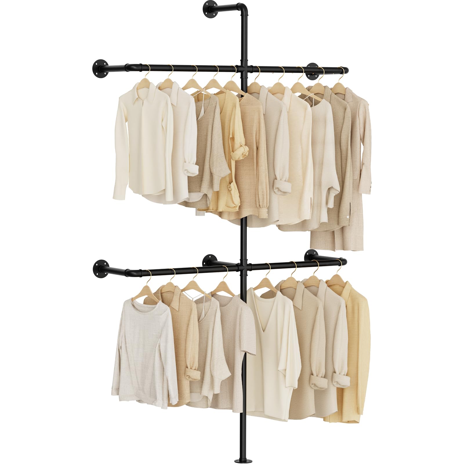 Yawinhe Barra Para Colgar Ropa de Pared,2 Columnas Armario Abierto,Negro | Metal Colgadores de ropa, Perchero de Pared Industrial,Perchero Pared para Colgar Ropa;Barra Pesada Montada en la Pared