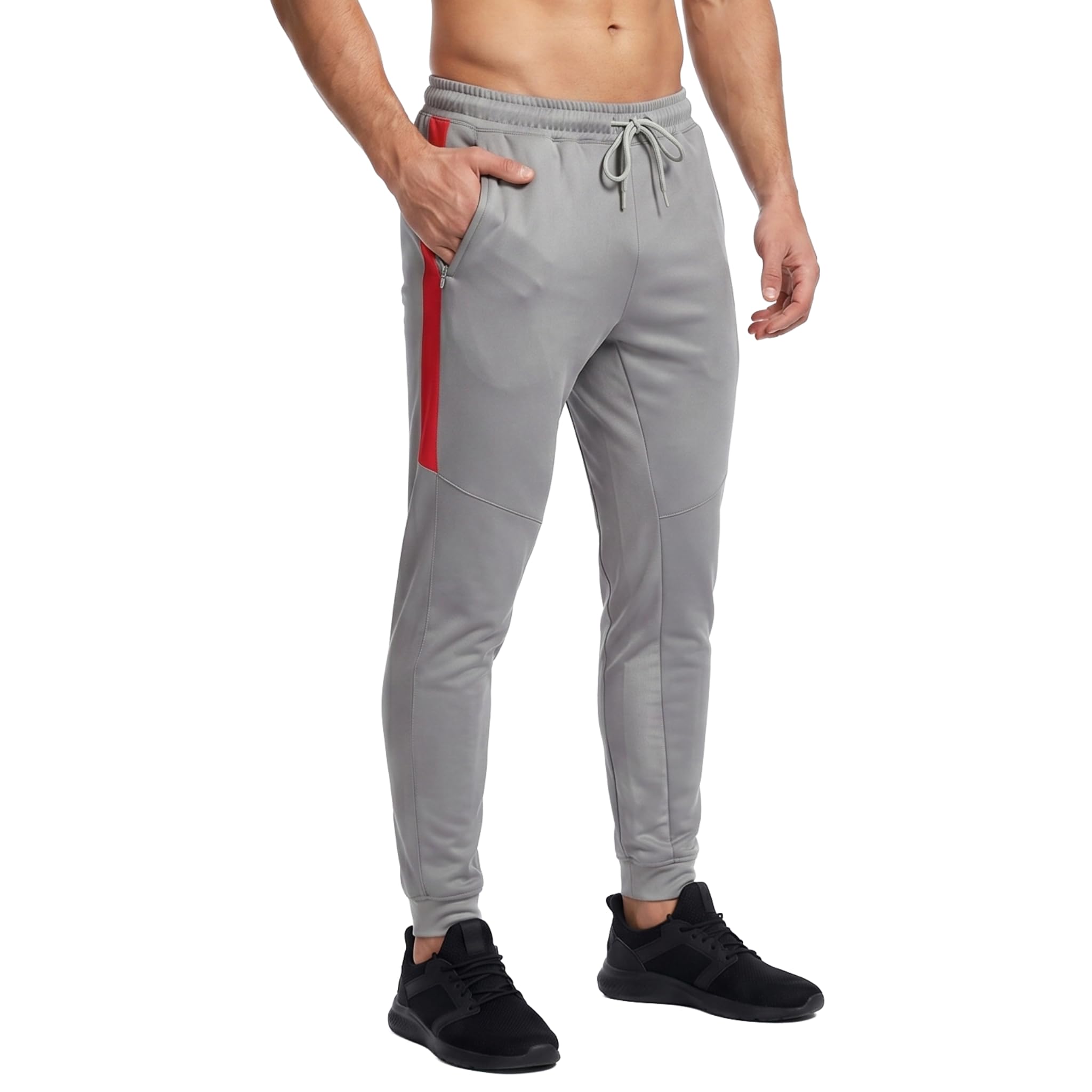 SiXsigma Sports Mens Tracksuit Bottoms Gym Slim Fit Trousers - Quick Dry Mens Joggers Bottoms for Running, Casual, Gym & Sports Trousers for Men (Large, Grey with Red Stripe)