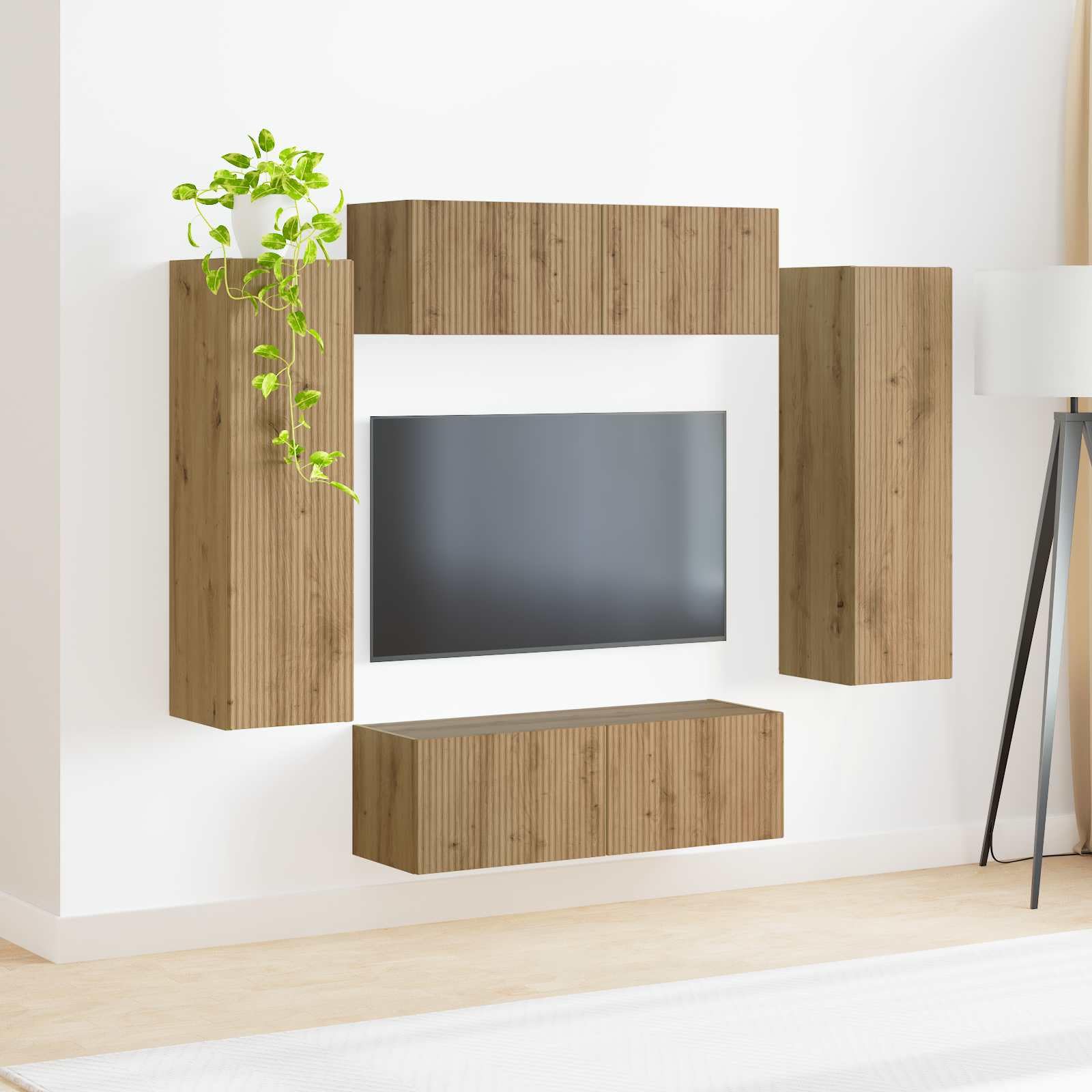 Zestaw regałów ściennych do telewizora, 4-częściowy, dąb Artisan, materiał drewnopochodny, nowoczesne szafy montowane na ścianie do salonu i rozrywki