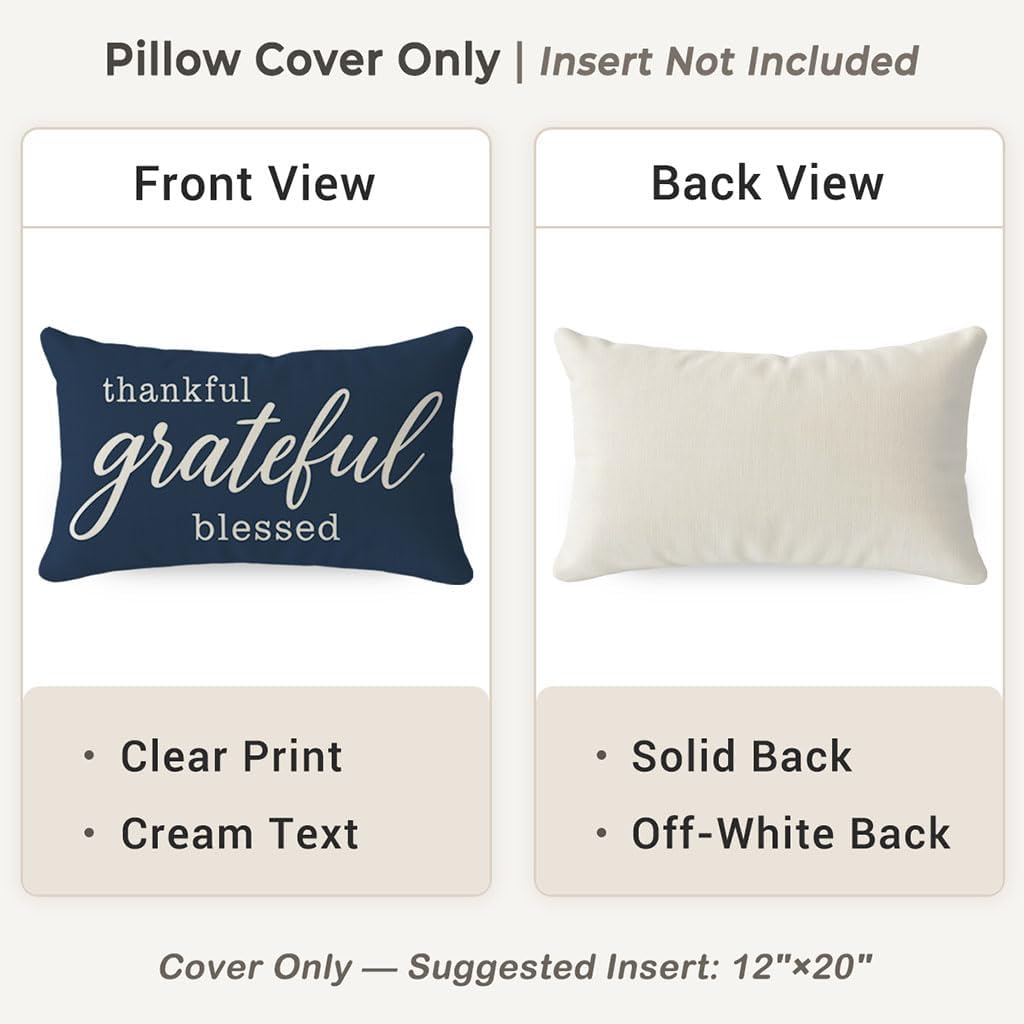 PANDICORN Decorative Throw Pillow Covers 12x20 Inch, Grateful Thankful Blessed Navy Blue Outdoor Coastal Thanksgiving Lumbar Cushion Case Decorations Home Decor for Bedroom Living Room Sofa Couch - Image 4