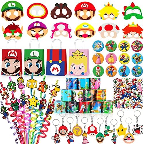 122 PCS Super Brothers Party Favor Supplies, Themed Party Decorations Including 12 Masks, 12 Bracelets, 12 Keychains, 12 Button Pins and 50 Stickers for Kids, 12 Reusable straws, 12 Best Gift Bag Filler