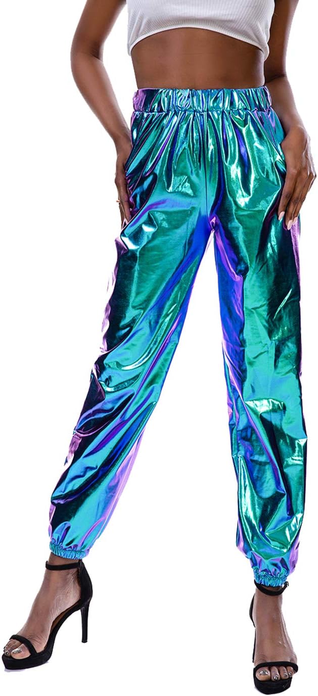 Womens Shiny Metallic High Waist Stretchy Jogger Pants, Wet Look Hip Hop Club Wear Holographic Trousers Sweatpant