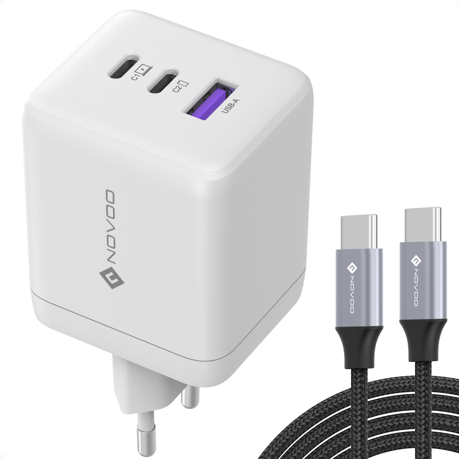 NOVOO 100W USB C Ladegerät GaN Ⅲ 3-Port USB C Netzteil Schnellladegerät PD MacBook Charger mit Ladekabel Kompaktes Reisen kompatibel MacBook Pro/Air,Galaxy S24 Ultra, iPhone 16/Pro und Mehr-Weiß