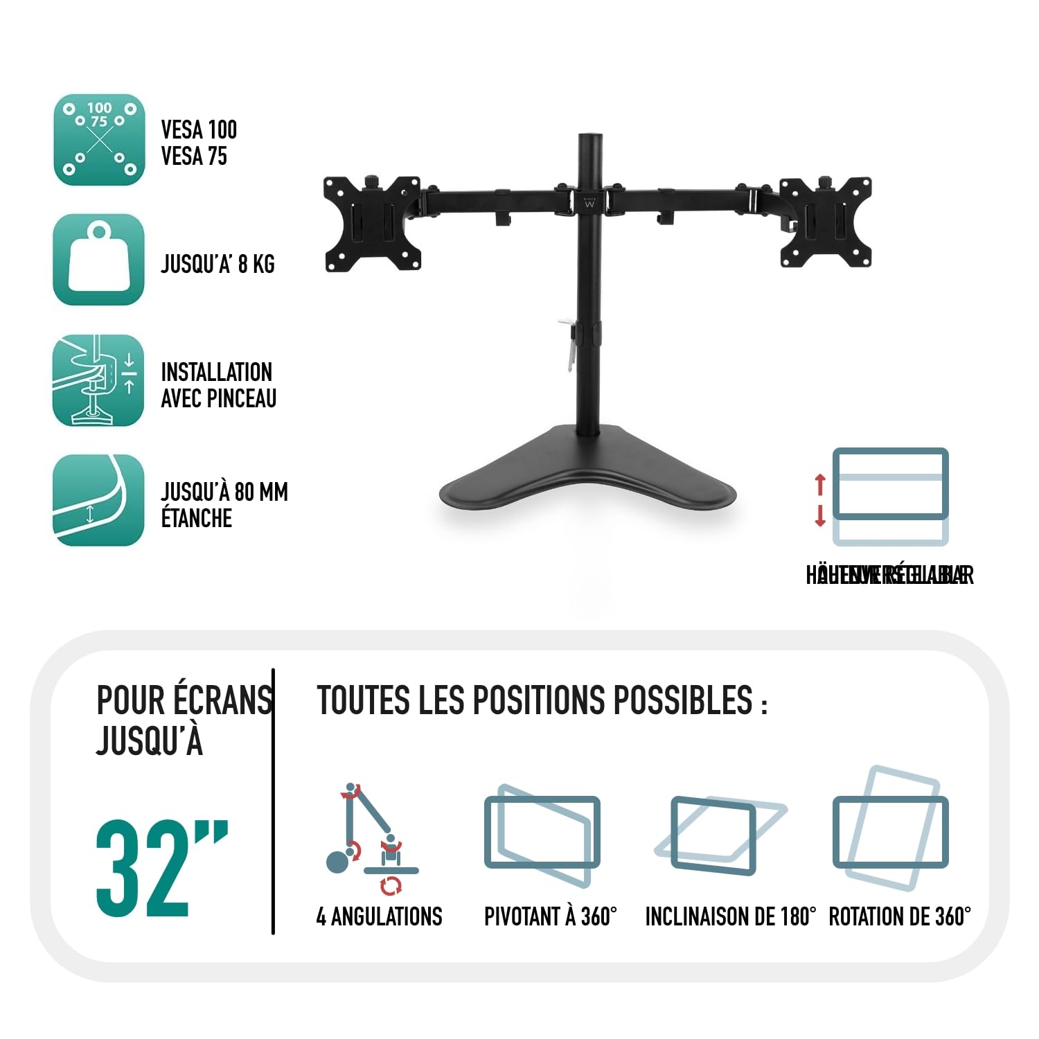 Support Écran PC pour Deux Moniteurs 13-32 Pouces, VESA 75/100 mm, Inclinaison ±45°, Pivotement 360°, jusqu'à 8 kg