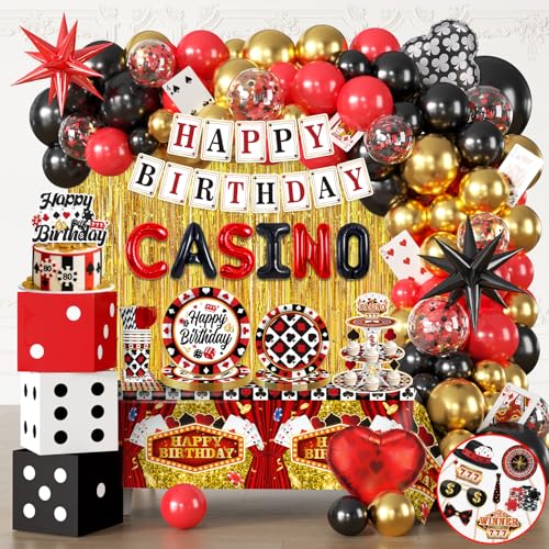 337Pcs Casino Theme Party Decorations Serves 25, Casino Party Decorations Include Banner, Casino Plate, Dice Boxes, Cupcake Stand, Photo Booth Props, Star Foil Balloons for Game Night Celebr
