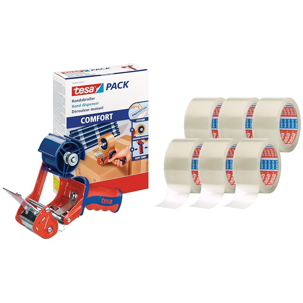 tesa® 6400 ręczny dozownik do taśm pakowych COMFORT - wysokiej jakości, solidny dyspenser do taśm pakowych & tesapack Taśma do Pakowania, Zestaw Samoprzylepnych Taśm Pakunkowych, 6 Rolek