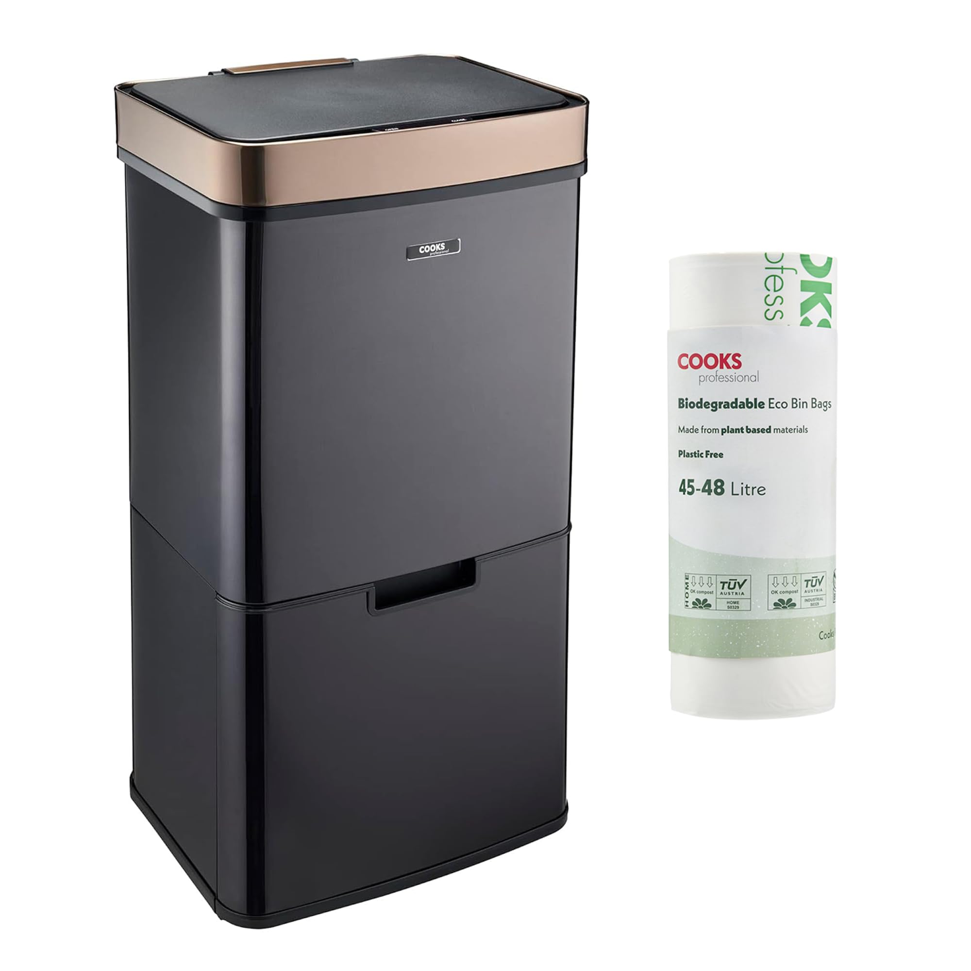 Cooks Professional Recycling Sensor Bin 75L with Dual Compartments and Removable Food Caddy for Kitchen | Smart Automatic Brushed Metal Bins | Includes 25 Biodegradable Bin Bags | Black & Copper