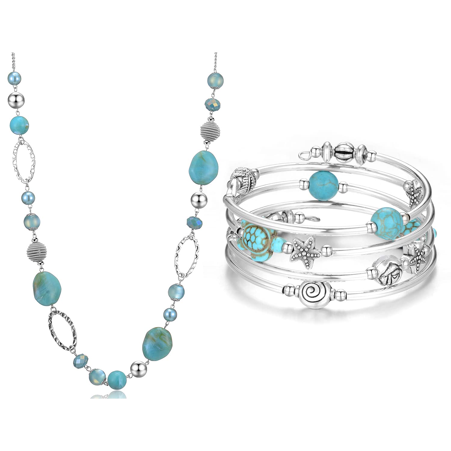 BULINLIN Turquoise Beaded Sweater Chain Necklace Layered Wrap Bangle Bracelet Set