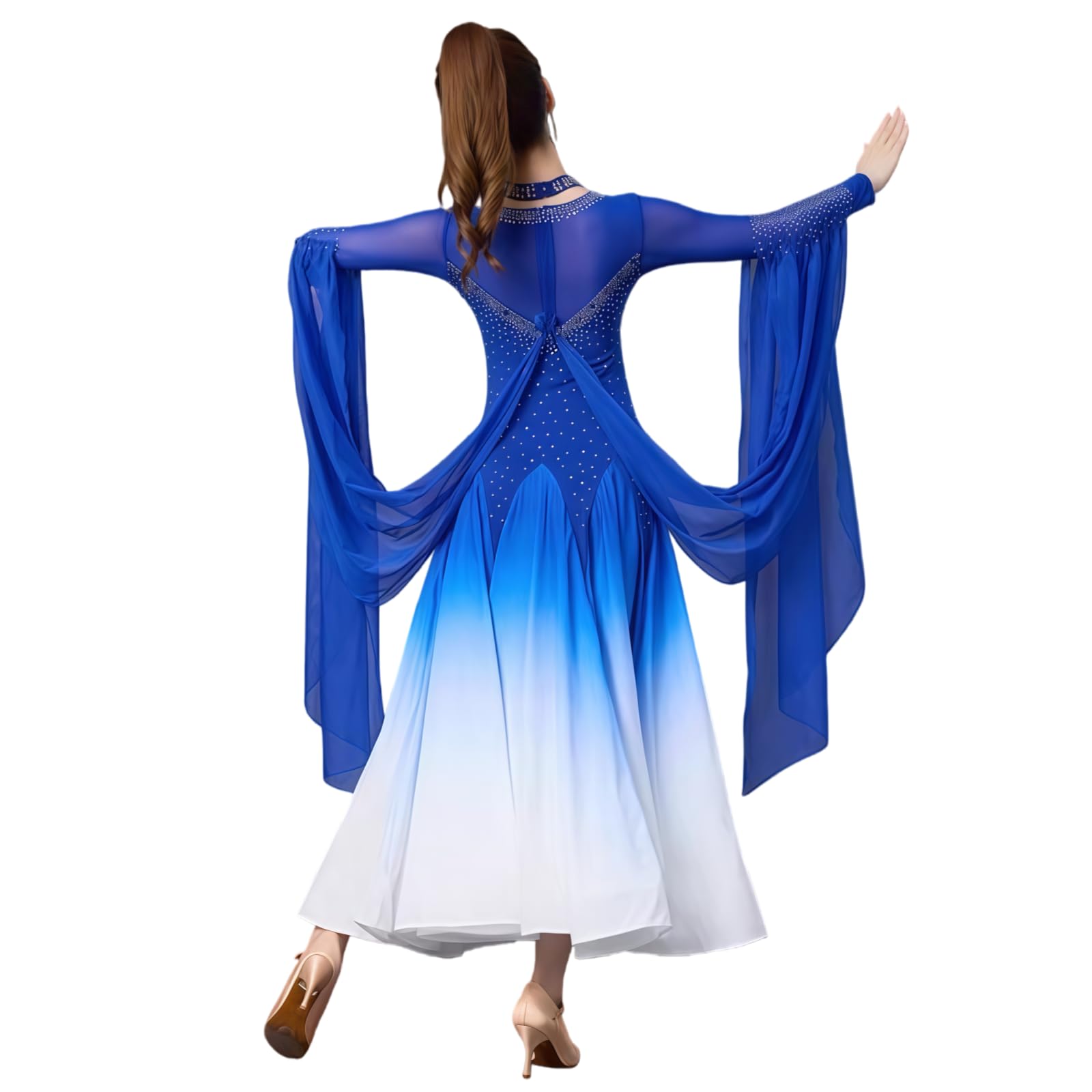 Damen Standard Ballroom Tanzkleid, Elegantes Langarm Tanzkleid Mit Rundhalsausschnitt, Strass Und Fließendem Chiffonrock Mit Farbverlauf Für Walzer Tango Foxtrott