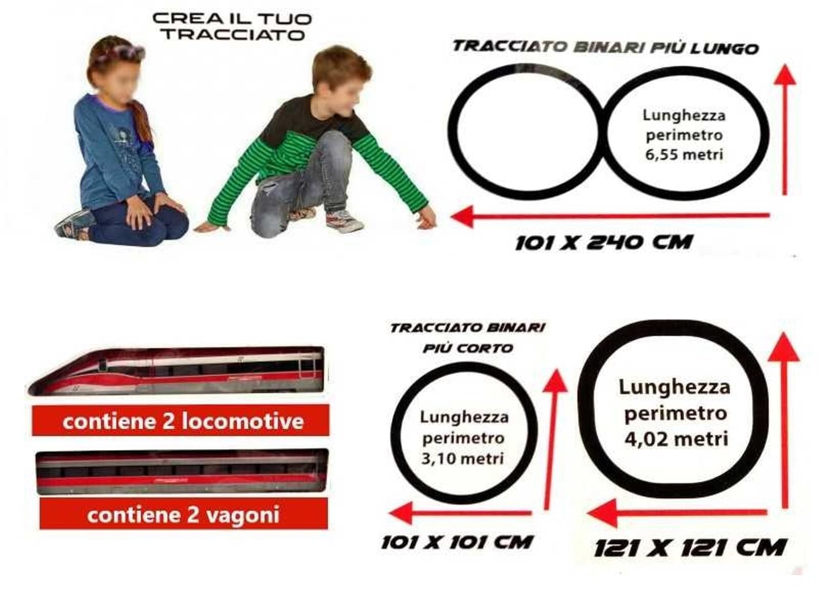 Pista Trenitalia Frecciarossa 1000 Scala 1:43 con luci e Suoni - Treno Giocattolo 2 locomotive 2 vagoni e 3 tracciati binari- Funzionamento a Batteria - idea regalo