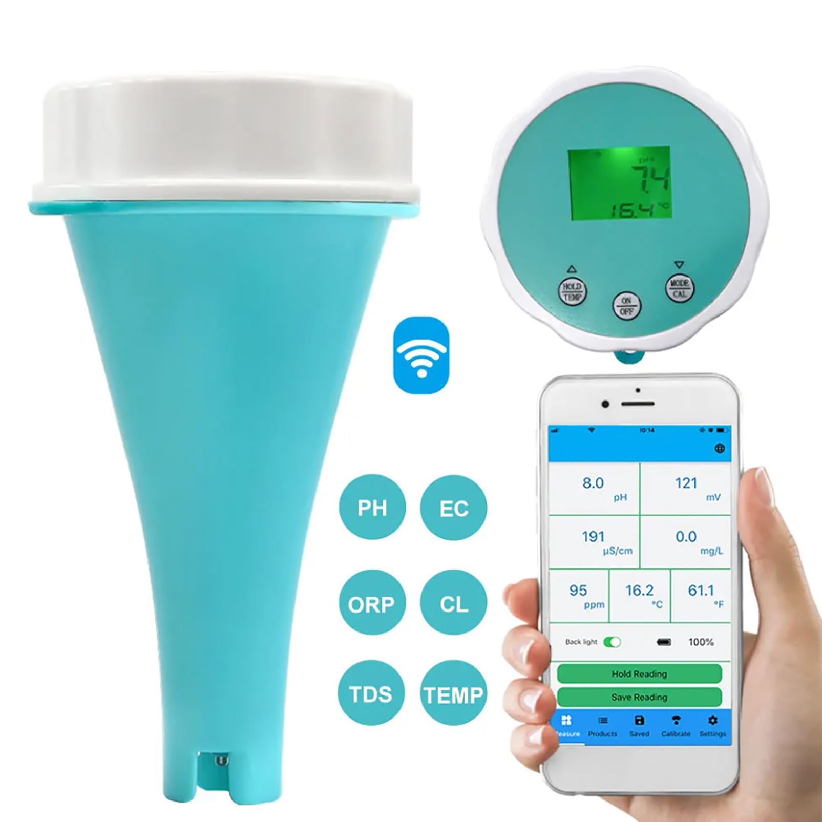 Medidor De Agua para Piscinas, 6 En 1 con Bluetooth Y Conexión a La App. Medición Profesional De PH/Cloro/ORP/CE/TDS/Temperatura para Jacuzzis Y Spas.