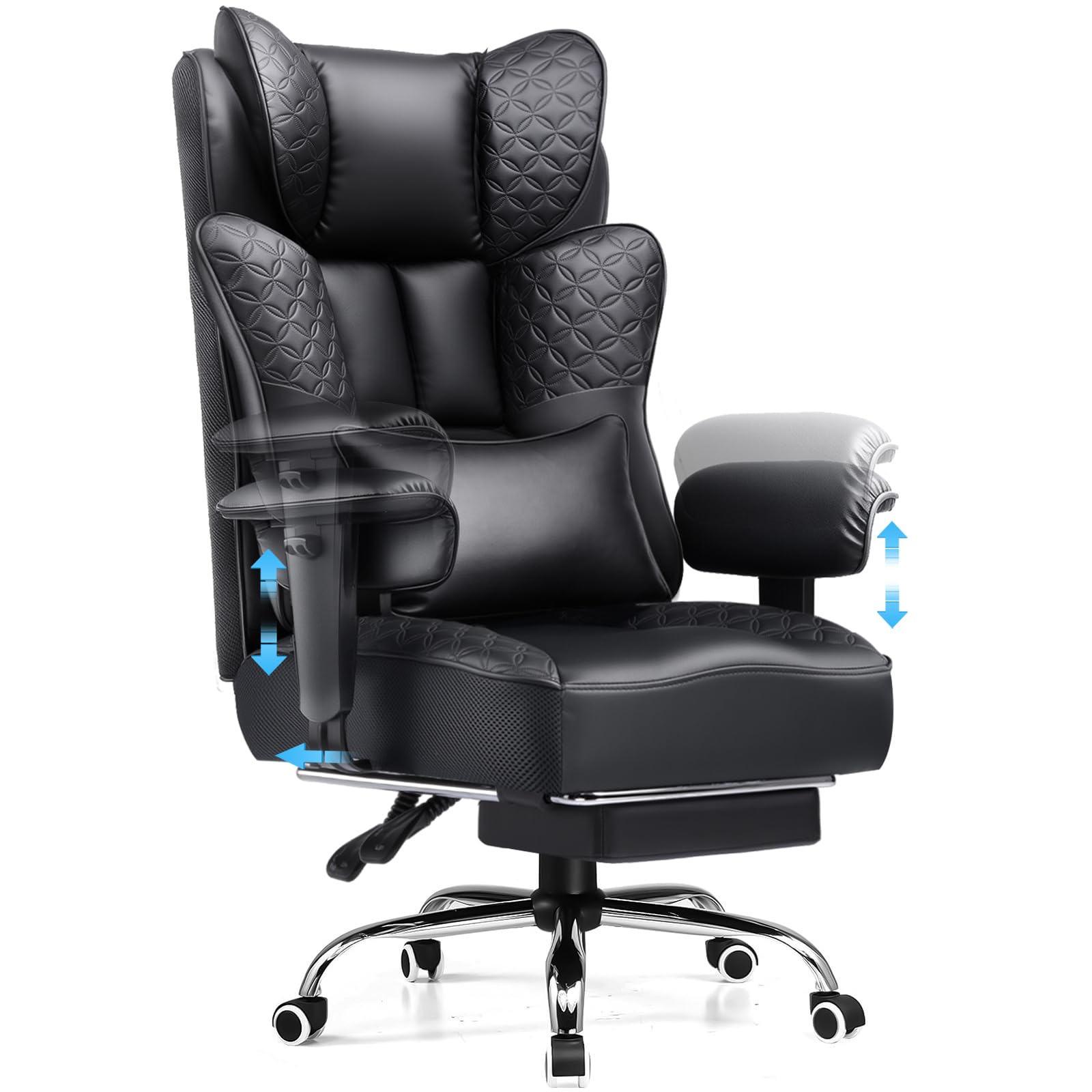 GTPLAYER Gaming Stuhl, Bürostuhl mit Fußstütze Chefsessel Schreibtischstuhl mit Taschenfeder-Kissen Ergonomischer bis 200kg, PU-Leder Höhenverstellbar Home Office Gaming Sessel, Schwarz