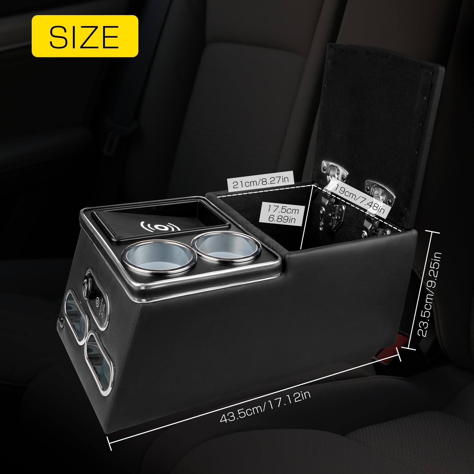 QBselecar Universal Center Console Organizer with Inductive Wireless Charging Phone Holder, Fast Charging, Cup Holder, Truck, and Van, Back Bench Seat Armrest Middle Storage Box
