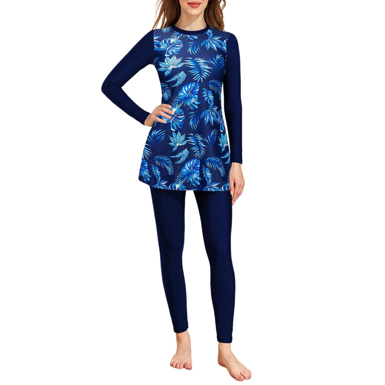 Générique Maillots de Bain 2 Pièces Femme Rashguard Set Manches Longues Tankini Protection Solaire Anti-UV T-Shirt Top de Sport pour Vacances Surf Plage Natation Maillot de Bain Shorty Séchage Rapide