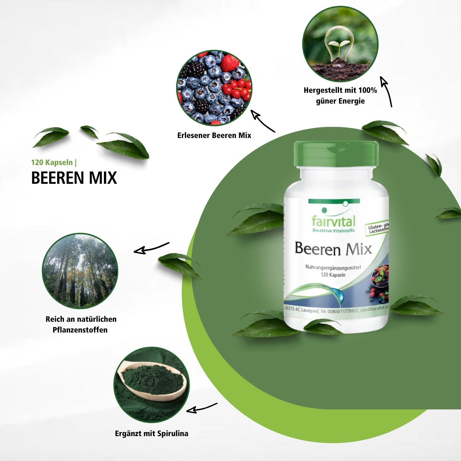 fairvital Beeren Mix, 120 Kapseln, Antioxidantien Kapseln, HOCHDOSIERT, VEGAN, 8 Beeren mit Spirulina