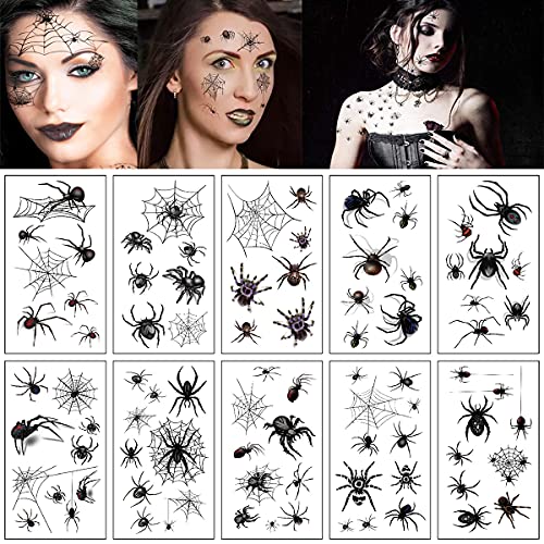 UJSGK Halloween Scary Spider Temporary Tattoos 10 Sheet Fake Tattoo Stickers Spider Web Spider Net Waterproof Tattoos Sticker for Adults Kids Halloween Body Art Decorations Party Cosplay Supplies