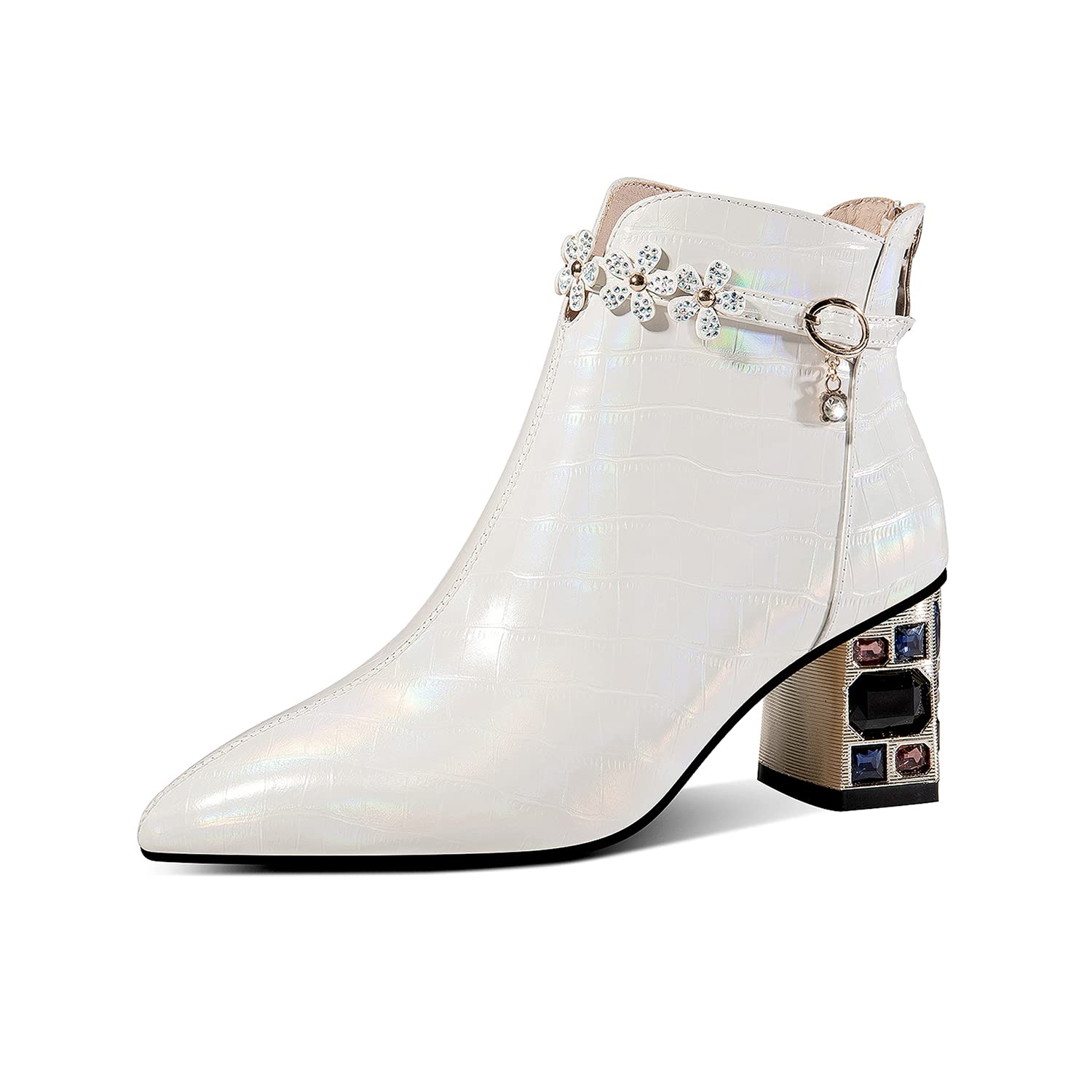 TinaCus Genuine Leather Women's Handmade Crystal Chunky Heel Pointed Toe Back zip Up Floral Belt Ankle Booties