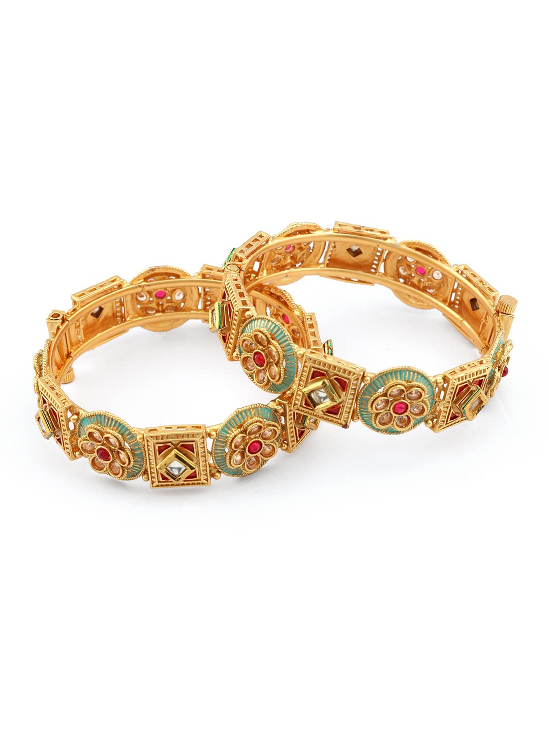 JWELLA Set of 2 Antique Gold Plated Floral Bangles with Multicolored Stones (2.6) (B0DFYTR436) Amazon Price History, Amazon Price Tracker
