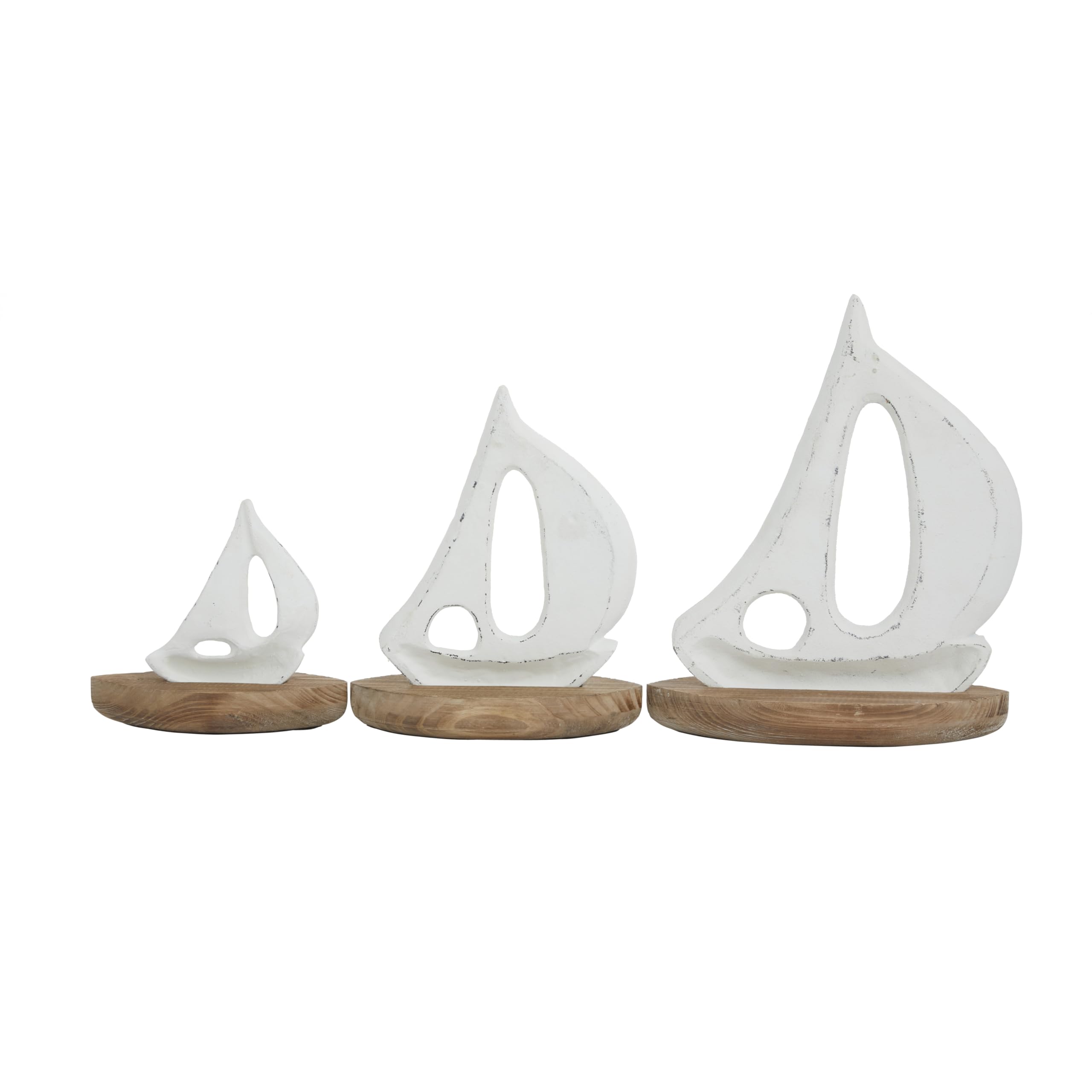 Deco 79 Wood Sail Boat Decorative Sculpture Home Decor Statues with Wood Base, Set of 3 Accent Figurines 11", 8", 6"H, White