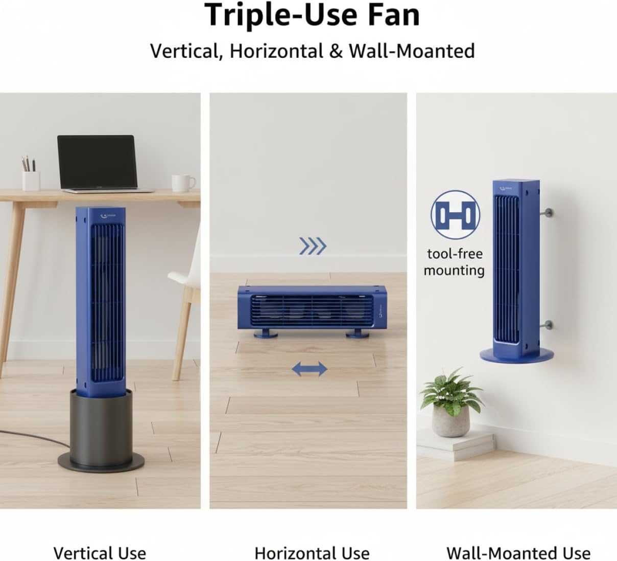 Cooling Fan Tower Fan With Remote, Portable Cooling For Bedroom, 60° Oscillating Quiet Tower Fans With 4000mah Battery & 3-in-1 Stand/wall Mount, Blue Abs