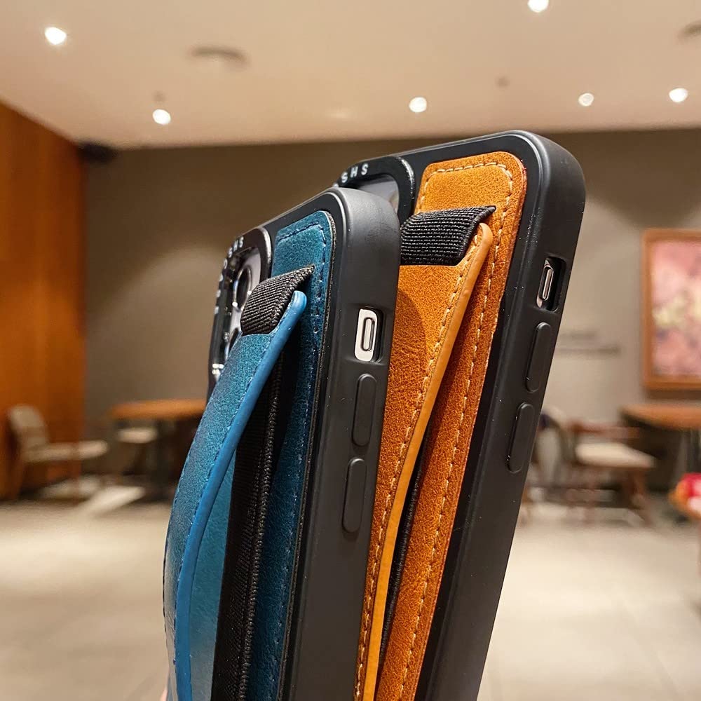 Funda de cuero con correa para la muñeca con ranura para carrito para iPhone 13 14 11 12 Pro X Xs Max Xr 7 8 6s 14 Plus SE 2020 Funda con soporte para banda de mano, azul marino, para iphone 13
