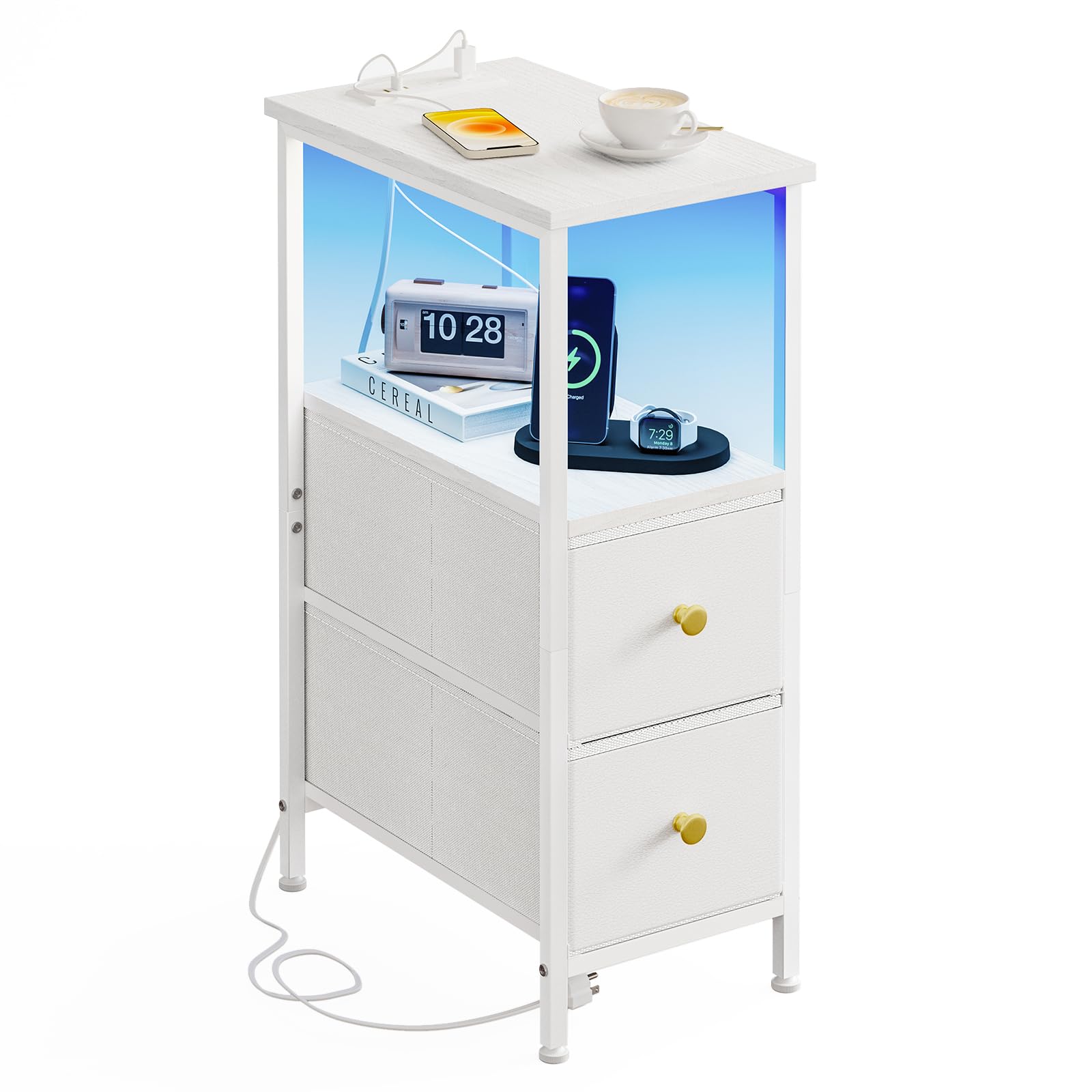 Fixwal Narrow Side Table with Charging Station and LED Light, Skinny Nightstand with 2 Fabric Drawers, Slim End Table for Bedroom, Dorm, Small Space,